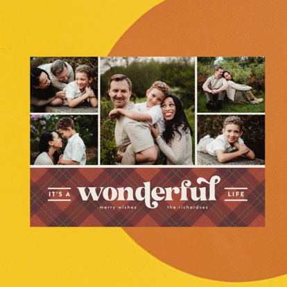 A Christmas photo card featuring a collage of family photos and personalized text.