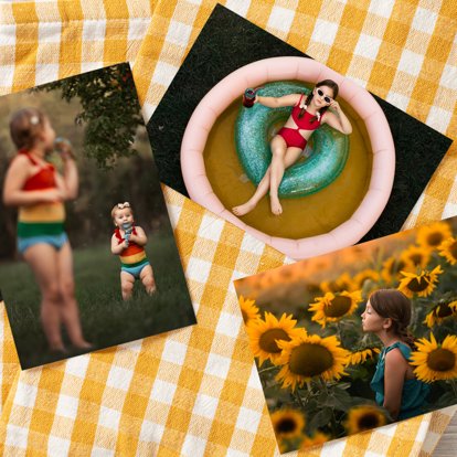 A collection of photo prints from Mpix laid out on a table featuring summertime imagery.