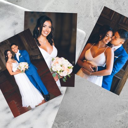 A collection of photo prints featuring wedding images of the bride and groom.