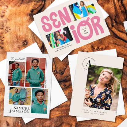 Collection of cards from Mpix celebrating the graduating class, featuring collages of senior photos and personalized text.