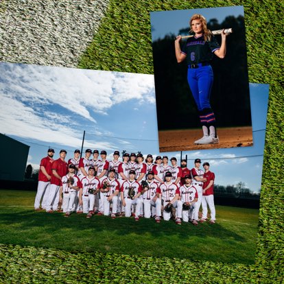 A collection of photo prints showing off sports images for individual sports and team photos. 