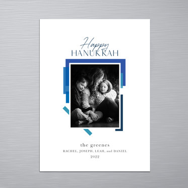 Hanukkah magnet from Mpix featuring a personalized photo and a colorfully designed background with room for personalized details