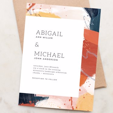 Wedding invitation from Mpix featuring a colorful watercolor paint splash background and personalized wedding details on front for Abigail and Michael