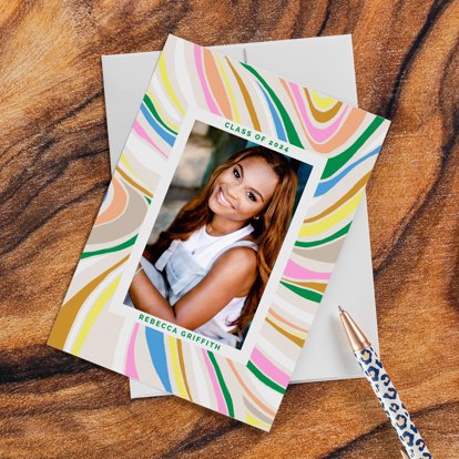 A "Class of 2024" graduation photo card featuring an image of a high school senior and personalized text.