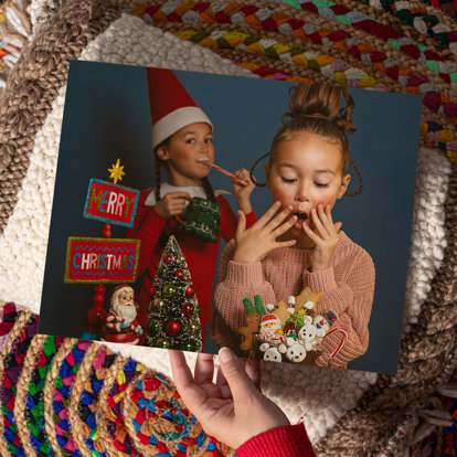 An 8x10 giclee photo print of two girls dressed up like elves enjoying hot cocoa, cookies and Christmas candies.. 