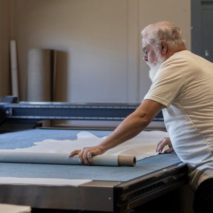 A worker in our Columbia, MO lab lays out leather for the cover of a photo albums. Every album and book cover is handcrafted.