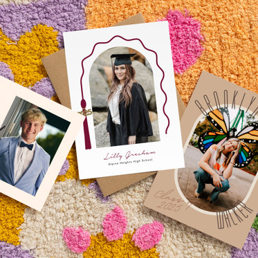 A collection of Graduation Photo Cards featuring unique designs, graduation photos, and personalized text.