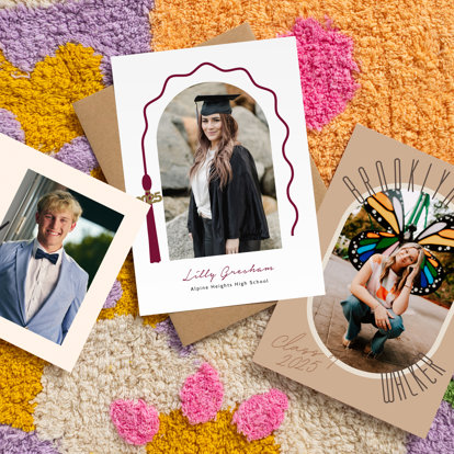 A collection of graduation cards featuring exclusive designs and personalized with photos & text.