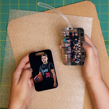 Luggage bag tags from Mpix personalized with photos and ready to help identify your luggage and sports bags.