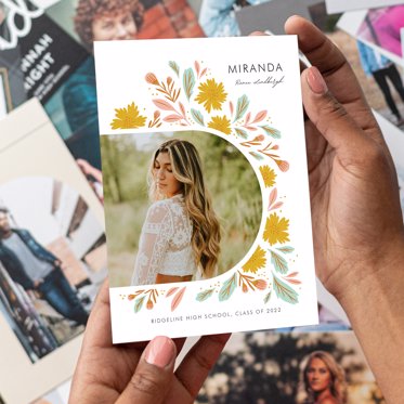 Grad Announcement Card from Mpix featuring room for a senior portrait surrounded by colorful floral pattern and personalized graduation details.