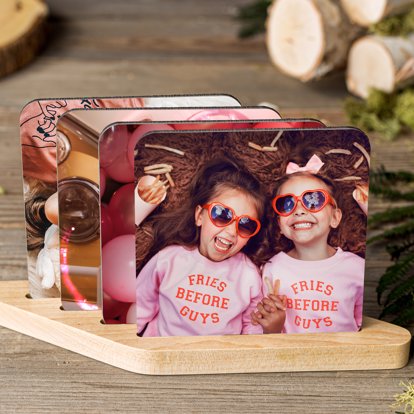 family portraits of two young girls printed on personalized coasters