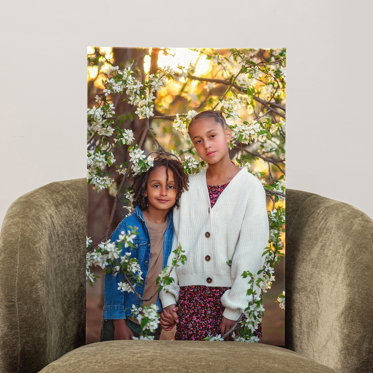 A large giclee photo print set on a sofa featuring a two sisters standing in front of trees with sunlight peaking through.