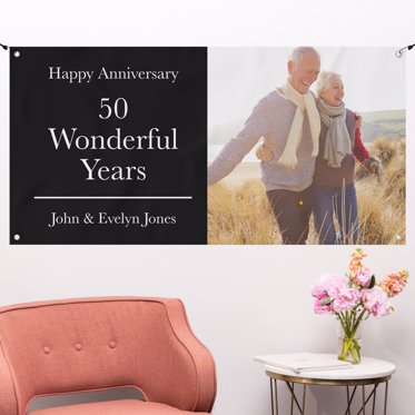 A 50 year anniversary banner featuring your personalized details and room for a large photo. 