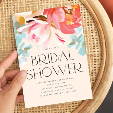 Bridal Shower card from Mpix with bright and colorful flower pattern featuring personalized details of the upcoming bridal shower. 