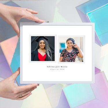 Framed photo collage from Mpix featuring two senior photos of an upcoming graduate with a thin silver metal frame. 