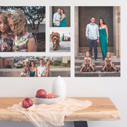 Collagewall wall display from Mpix featuring family photos perfectly arranged in grid format on the wall. 