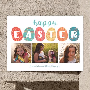 Easter Card from Mpix with happy easter written in bubble text inside of decorated easter eggs above a collage of three personalized photos. 