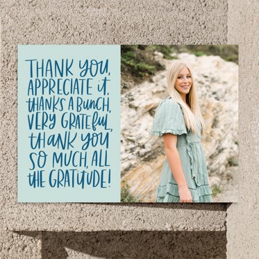 Thank You Card from Mpix with a message of appreciation and gratitude in dark blue next to a large personalized photo. 
