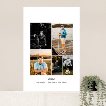 A poster print from Mpix featuring a collage design of photos that is displayed on the wall of a home.