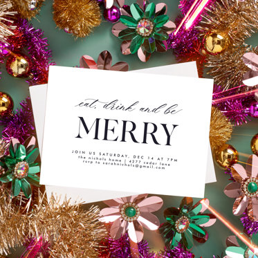 A Holiday Party Invitation from Mpix with an invite to eat, drink, and be merry for Christmas written in black lettering on a white background. The Card is surrounded by colorful party decorations.