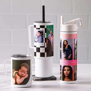 Three personalized photo-printed drinkware items displayed on a tabletop with a white brick background