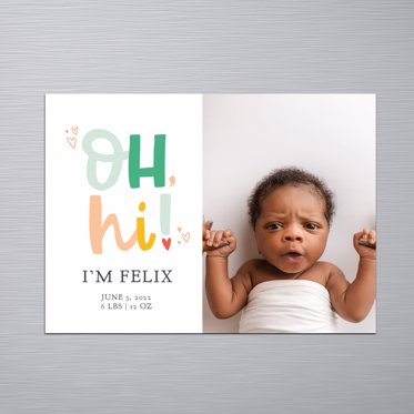 Birth Announcement magnet from Mpix featuring a personalized photo and a colorfully designed background with room for personalized details