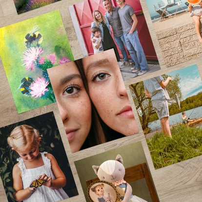 A collage of colorful photo prints laid out on the floor. 