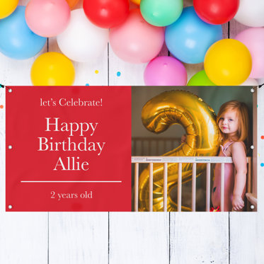 A birthday party themed banner from Mpix with a large personalized photo and room for all the party details. 