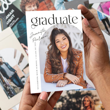 Grad Announcement Card from Mpix featuring room for a senior portrait surrounded by colorful floral pattern and personalized graduation details.