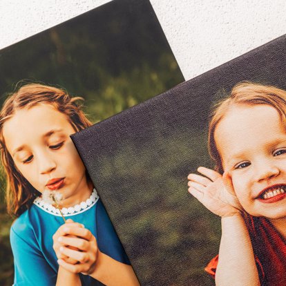 a close up look at the two finishes available for photo tiles, canvas and matte