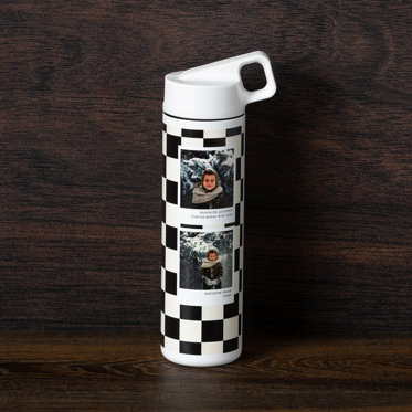 A straw bottle water bottle on a table featuring a checkered design and personalized with photos and text.
