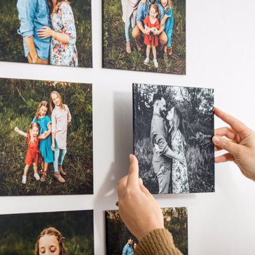 Photo tiles arranged horizontally on a wall with 1" spacing between them, showcasing a beautiful gallery of photos.