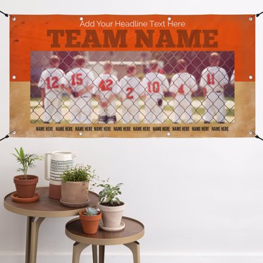 A sports vinyl banner with a team photo of a baseball team and room for the team name and accomplishments and other personalized text. 