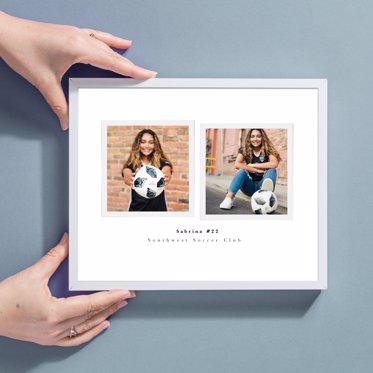 Framed collage print from Mpix featuring two photos on a white background and a white mat and thin silver frame. 