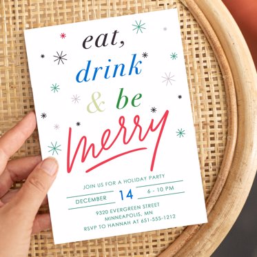 A Holiday Party Invitation from Mpix with an invite to eat drink and be merry for christmas written in rainbow lettering on a white background decorated with colorful falling snowflakes. 