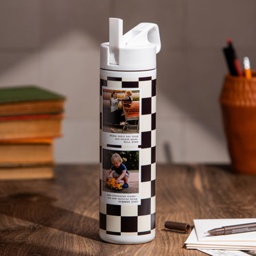 A Miir water bottle custom printed by Mpix to feature photos in a collage design.