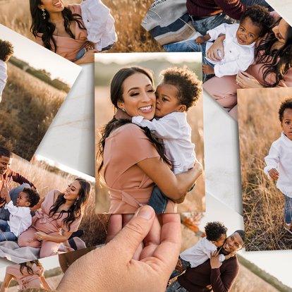 A collection of photo prints on a mother and her son in a field. 