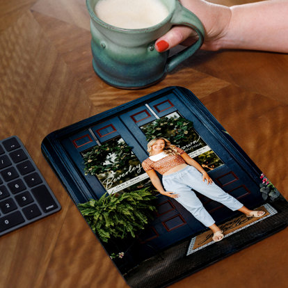 Personalized mouse pad with a senior portrait session.
