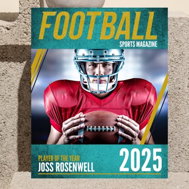 Personalized sports magazine cover from Mpix with a football focus and personalized photo of a young athlete.
