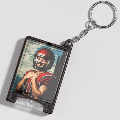 Personalized flashlight photo keychain with a sports photo.