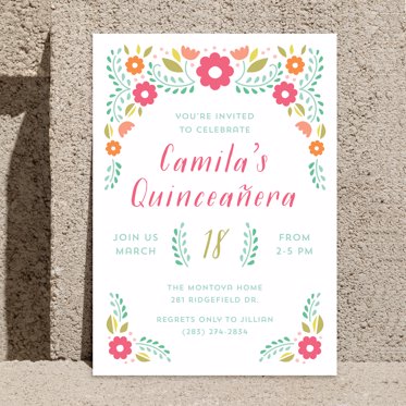 Quinceanera Invitation from Mpix with a colorful and clean floral design and room for personalized event details. 