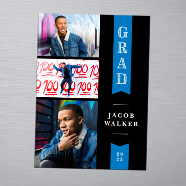 A graduation magnet featuring images of a high school senior boy and personalized text.