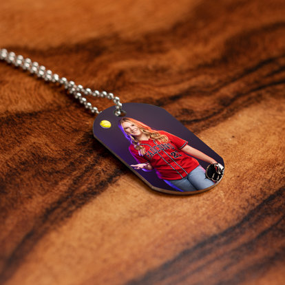 Metal Dog Tag with a sports photo of a high school softball player.