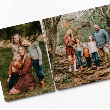 A close up image of a tabletop hinged print laying flat that features two photos from a family picture session.