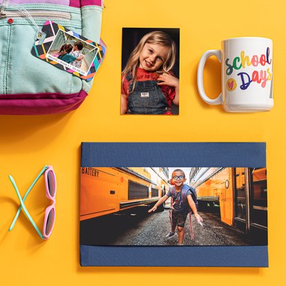 A collection of premium handcrafted photo gifts from Mpix on a burnt bold yellow background. 