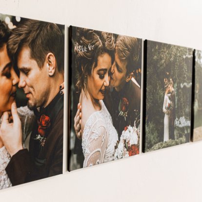 Four wedding photo tiles arranged horizontally on the wall showing a bride and groom on their wedding day.
