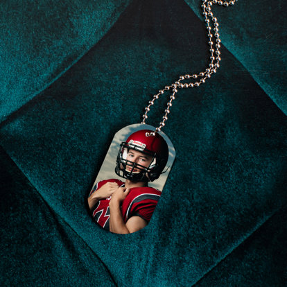 High School Football portrait printed on metal dog tag.