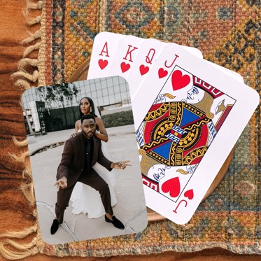 Personalized Photo Playing Cards from Mpix featuring the Ace through Jack of hearts, and showing a photo of a couple posing on their wedding day on the back side. 