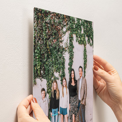 Hands hanging a metal print on the wall. The metal print features a young couple and their three kids standing outside in front of a white wall covered in vines.