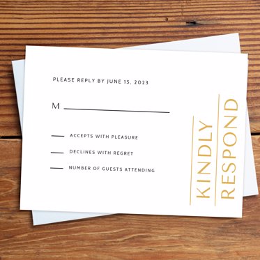 A wedding RSVP card from Mpix with gold lettering and room for personalized details. 